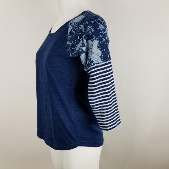 J. Crew Indigo Stripe Floral Baseball T-shirt - Picture 3 of 7